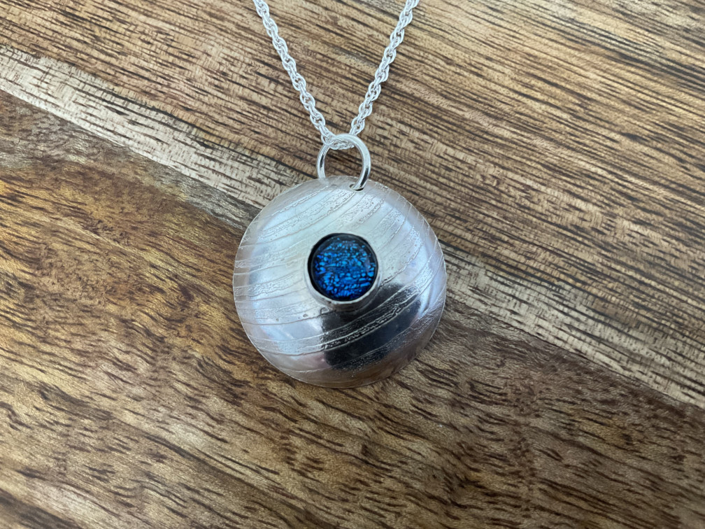 Blue Domed Dichroic Fused Glass Pendant and Chain